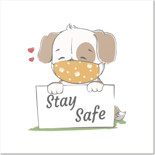 stay safe message with cute dog wearing face mask cartoon hand drawn Posters and Art